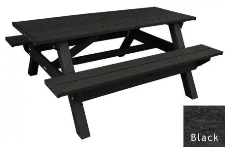 A 6 foot Deluxe commercial outdoor picnic table made out of recycled plastic. Shown with a black frame and black top and seat boards.