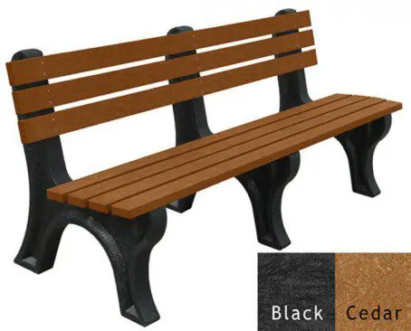 The Economy 6' Bench in stock has black frames and cedar boards.