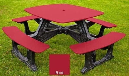 Bistro Outdoor Dining Table with a square top and seating for 8 people. This table is made with our Green-Scapes designer frame which looks like black cast iron, but made from solid, recycled HDPE plastic. The top is made with HDPE sheet plastic. Shown with a black frame and red top and seat.