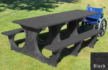 Polly Tuff Easy Access ADA compliant picnic table with wheelchair access on one end. Made out of recycled plastic. Shown with a black frame and black top and seat boards.