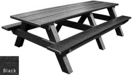 A Standard 8 ft outdoor park picnic table made of recycled HDPE plastic. Shown with a black frame and black top and seat boards.