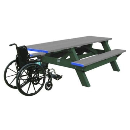 Standard ADA outdoor picnic table with wheelchair access on one end. Made with recycled HPDE plastic. Shown with a green frame and charcoal top and seat boards.