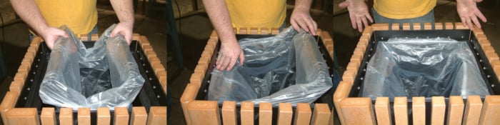 Easy Bag System has arms to wrap liner bag to prevent bag collapse